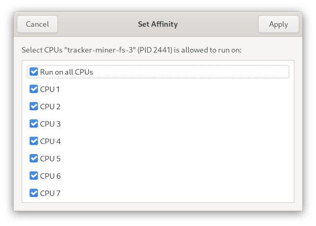 GNOME System Monitor 40 - Set Affinity Dialog