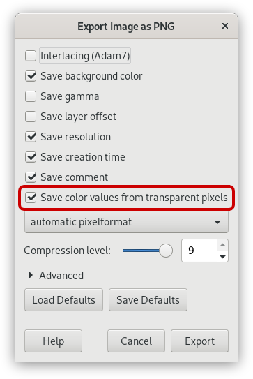 GIMP PNG Export Dialog